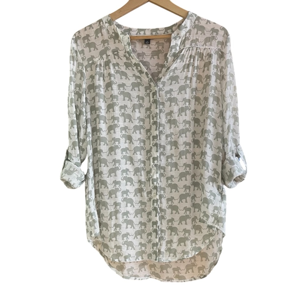 Zac & Rachel Elephant Print Sheer Tunic Blouse Roll Tab Sleeve Size M - Picture 4 of 10